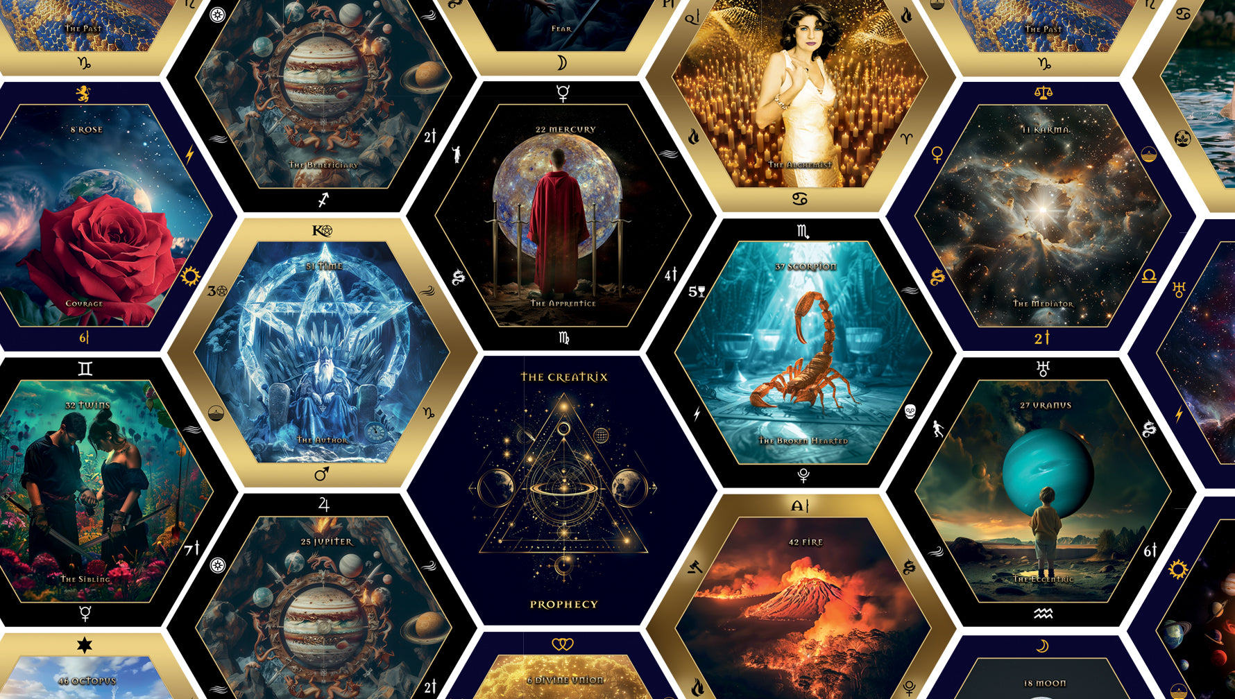 Genuine Creatrix hexagonal card artwork arranged in a connected pattern
