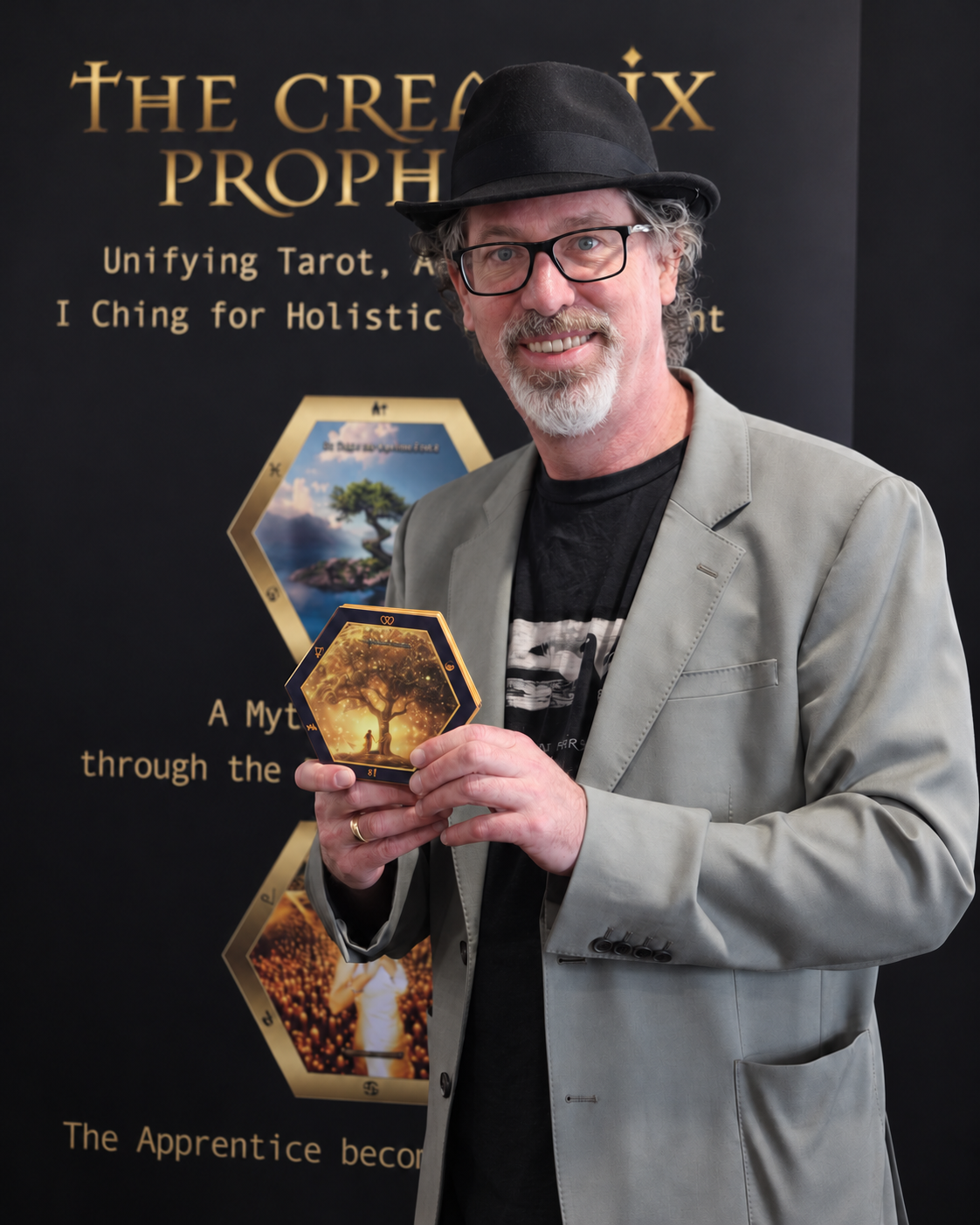 Lightly retouched portrait of Benjamin Rose in a black hat and grey jacket, holding a hexagonal Creatrix card.
