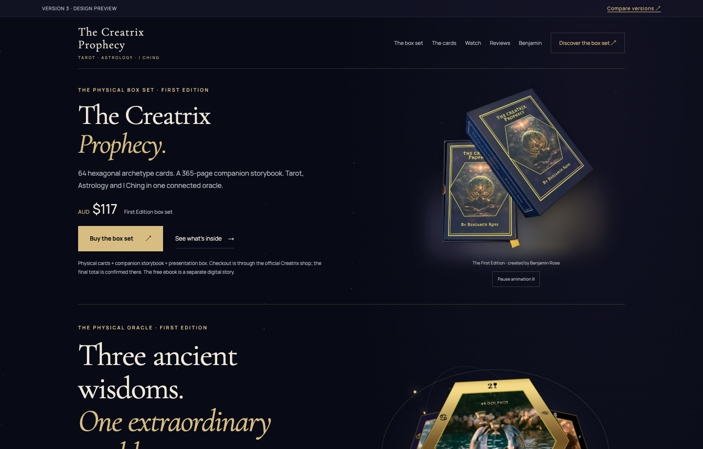 Updated Version 3 with high-resolution Creatrix cards in an animated celestial scene